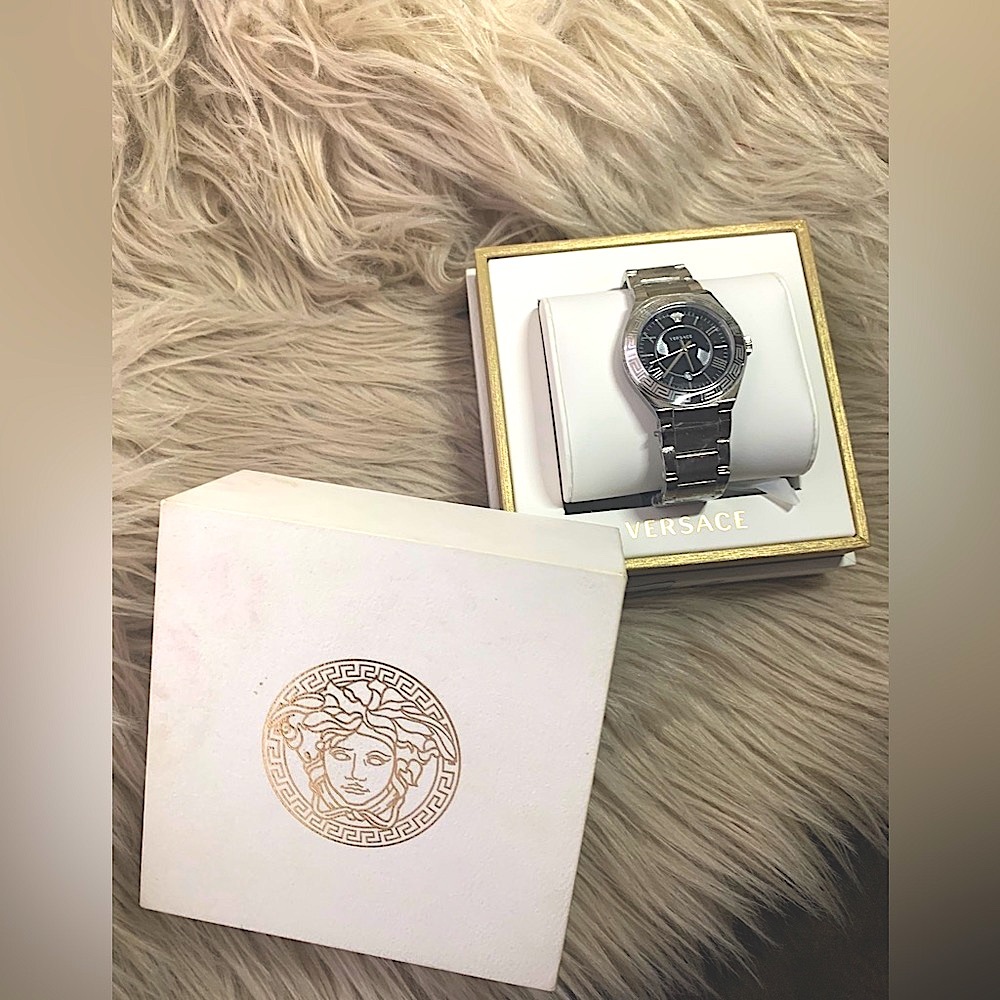 Swiss Made Versace Landmark Stainless Steel Black Dial Ladies Watch VEAX00218